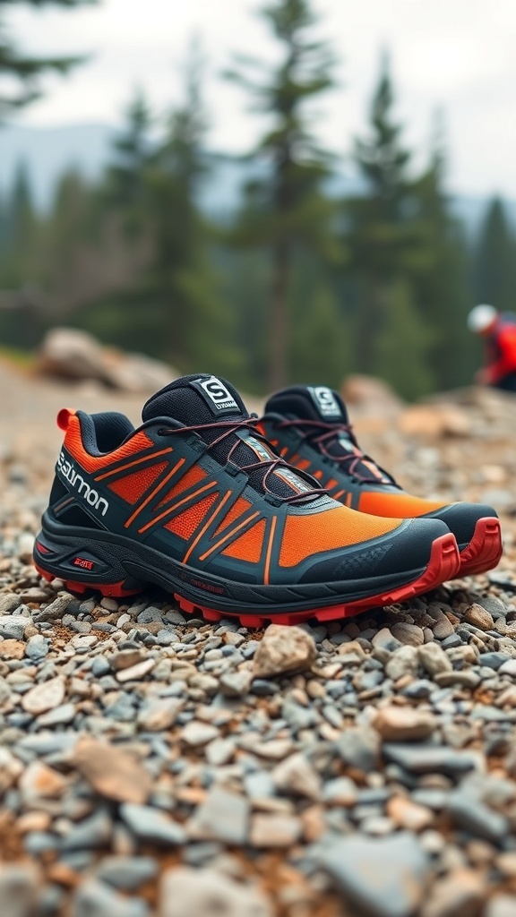 Salomon XT6 OAT running shoes on a rocky trail, emphasizing their rugged design.